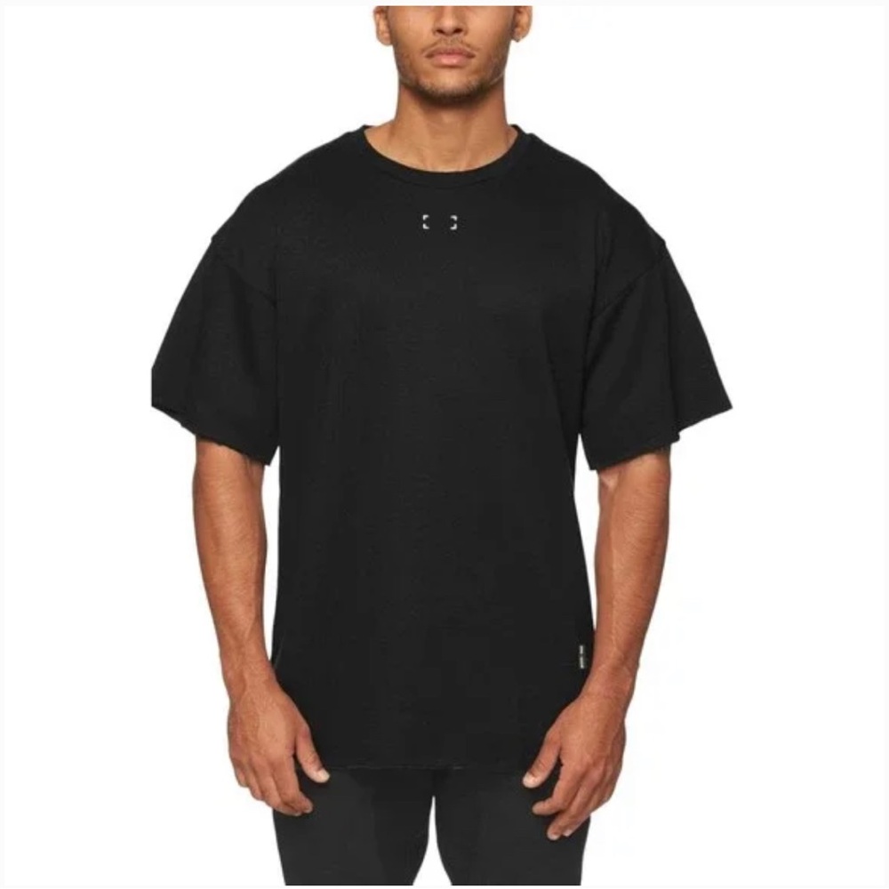 ASRV Men's DSG-0399 French Terry Oversized Cut Off Short Sleeve Tee Black Medium